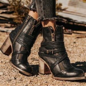 Freebird Black Leather Balboa Heeled Boots with Strap & Zipper Detail
